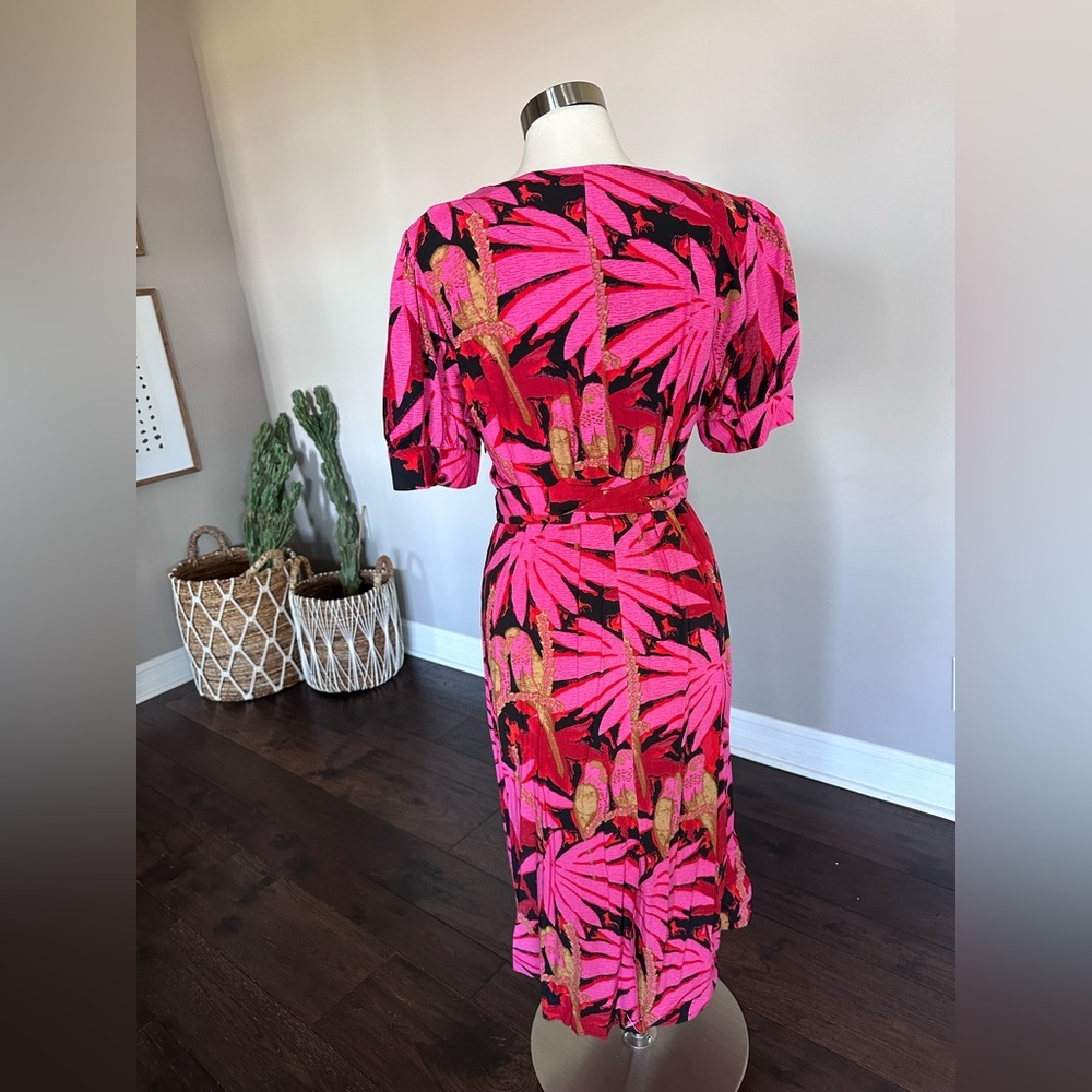 J. Crew Midi Dress Faux Wrap Pink Tropical Palm/Island Hawaiian Floral Print 14 - Picture 7 of 16